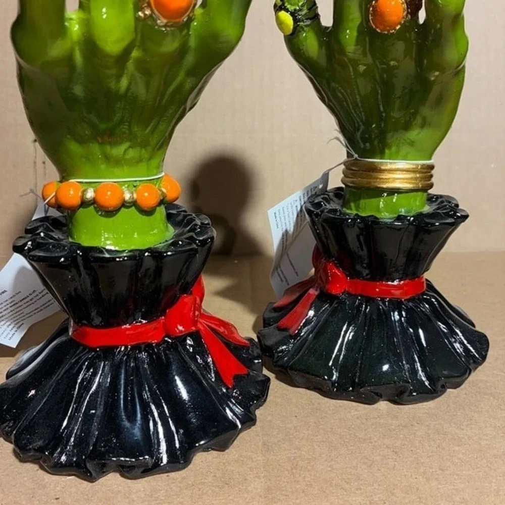 Set of 2 Green Witch Hand Pumpkin Candlestick Holders NWT